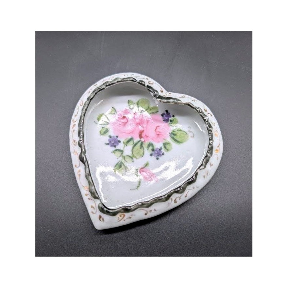 Antique Nippon Hand Painted Heart Shaped Porcelain Trinket Dish 4.5" Floral‎